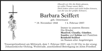 Todesanzeige von Barbara Seiffert von MERKUR & TZ