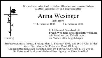 Todesanzeige von Anna Wesinger von MERKUR & TZ