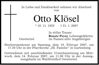 Todesanzeige von Otto Klösel von MERKUR & TZ