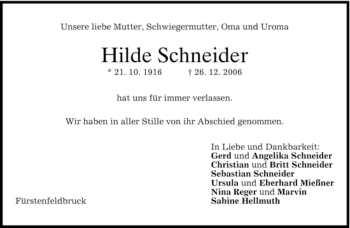 Todesanzeige von Hilde Schneider von MERKUR & TZ