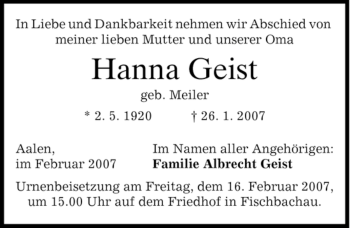 Todesanzeige von Hanna Geist von MERKUR & TZ