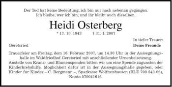 Todesanzeige von Heidi Osterberg von MERKUR & TZ