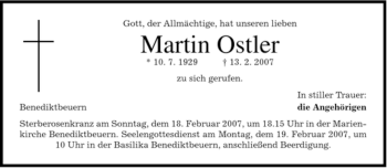 Todesanzeige von Martin Ostler von MERKUR & TZ