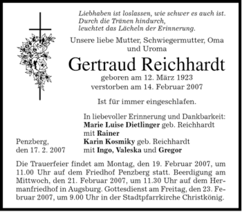 Todesanzeige von Gertraud Reichhardt von MERKUR & TZ