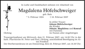 Todesanzeige von Magdalena Höfelschweiger von MERKUR & TZ