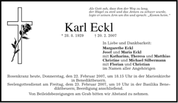 Todesanzeige von Karl Eckl von MERKUR & TZ