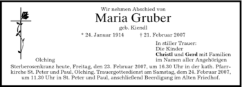 Todesanzeige von Maria Gruber von MERKUR & TZ