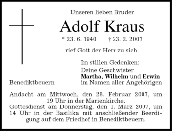 Todesanzeige von Adolf Kraus von MERKUR & TZ