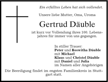 Todesanzeige von Gertrud Däuble von MERKUR & TZ