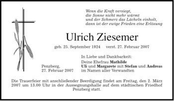 Todesanzeige von Ulrich Ziesemer von MERKUR & TZ