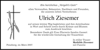 Todesanzeige von Ulrich Ziesemer von MERKUR & TZ