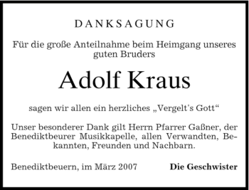 Todesanzeige von Adolf Kraus von MERKUR & TZ