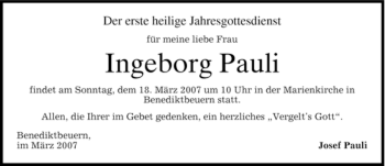 Todesanzeige von Ingeborg Pauli von MERKUR & TZ