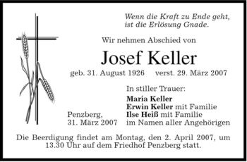 Todesanzeige von Josef Keller von MERKUR & TZ