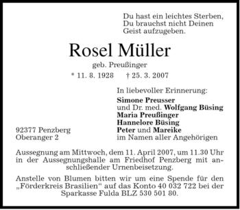 Todesanzeige von Rosel Müller von MERKUR & TZ