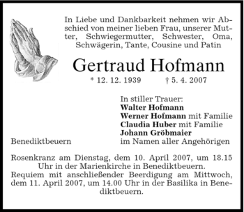 Todesanzeige von Gertraud Hofmann von MERKUR & TZ