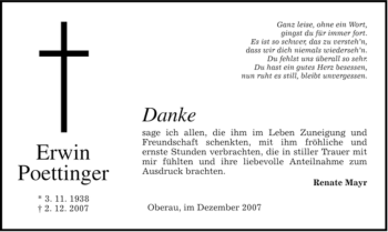 Todesanzeige von Erwin Poettinger von MERKUR & TZ