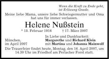 Todesanzeige von Helene Nußstein von DORFENER NACHRICHTEN