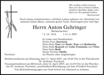 Todesanzeige von Anton Gehringer von MERKUR & TZ