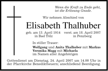 Todesanzeige von Elisabeth Thalhuber von MERKUR & TZ