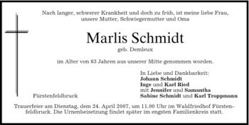 Todesanzeige von Marlis Schmidt von MERKUR & TZ