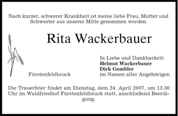 Todesanzeige von Rita Wackerbauer von MERKUR & TZ