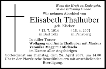 Todesanzeige von Elisabeth Thalhuber von MERKUR & TZ