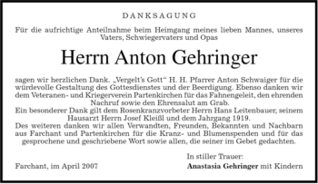 Todesanzeige von Anton Gehringer von MERKUR & TZ