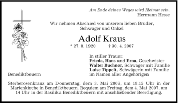Todesanzeige von Adolf Kraus von MERKUR & TZ