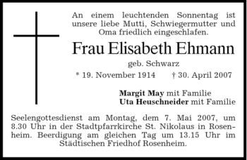 Todesanzeige von Elisabeth Ehmann von DORFENER NACHRICHTEN