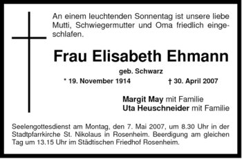 Todesanzeige von Elisabeth Ehmann von MERKUR & TZ