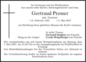 Todesanzeige von Gertraud Presser von MERKUR & TZ
