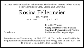 Todesanzeige von Fellermeier Rosina von MERKUR & TZ