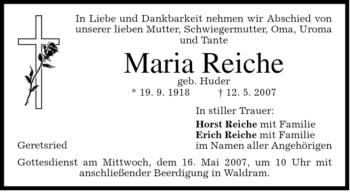 Todesanzeige von Maria Reiche von MERKUR & TZ