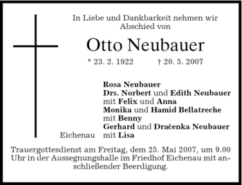 Todesanzeige von Otto Neubauer Neubauer von MERKUR & TZ