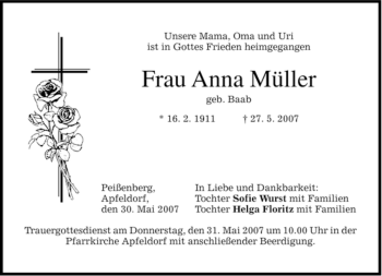 Todesanzeige von Anna Müller von MERKUR & TZ