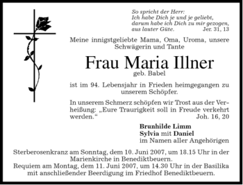 Todesanzeige von Maria Illner von MERKUR & TZ