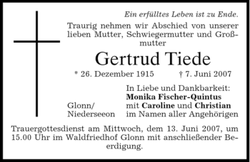 Todesanzeige von Gertrud Tiede von GARMISCH-PARTENK. TAGBLATT