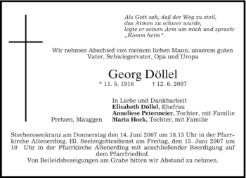 Todesanzeige von Georg Döllel von MERKUR & TZ