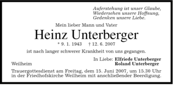 Todesanzeige von Heinz Unterberger von MERKUR & TZ
