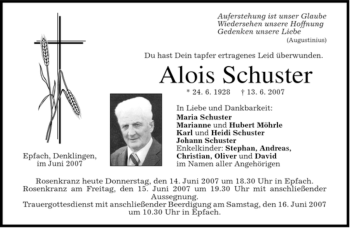Todesanzeige von Alois Schuster von MERKUR & TZ