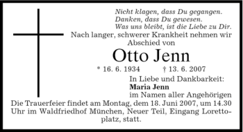 Todesanzeige von Otto Jenn von DORFENER NACHRICHTEN