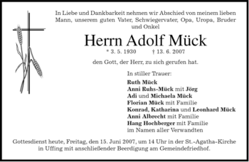 Todesanzeige von Adolf Mück von MERKUR & TZ