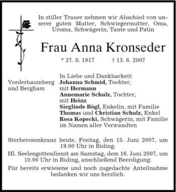 Todesanzeige von Anna Kronseder von MERKUR & TZ