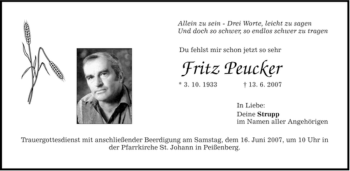 Todesanzeige von Friedrich Peucker von MERKUR & TZ