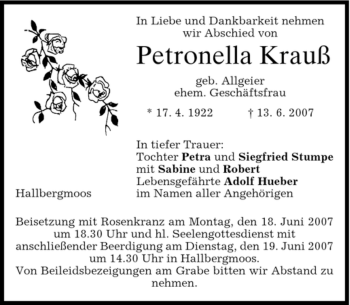 Todesanzeige von Petronella Krauß von MERKUR & TZ