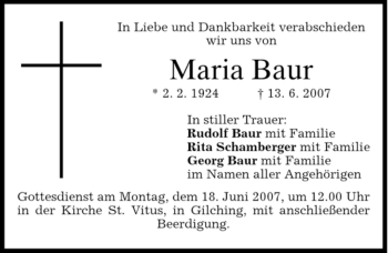 Todesanzeige von Maria Baur von MERKUR & TZ