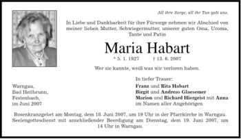 Todesanzeige von Maria Habart von MERKUR & TZ