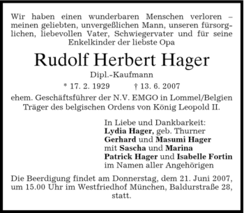 Todesanzeige von Rudolf Herbert Hager von DORFENER NACHRICHTEN
