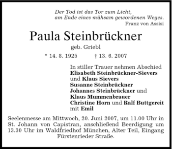 Todesanzeige von Paula Steinbrückner von DORFENER NACHRICHTEN